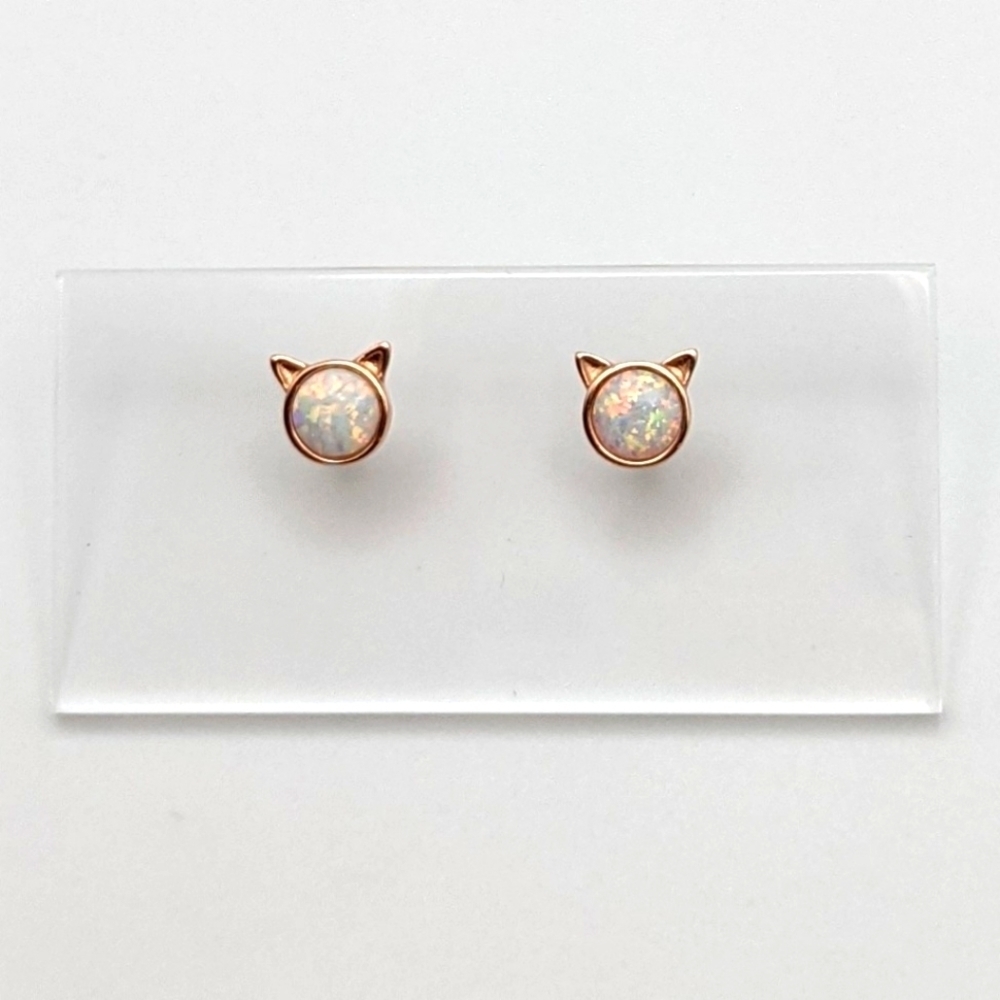 Cat Rose gold stud earrings with opal sterling silver